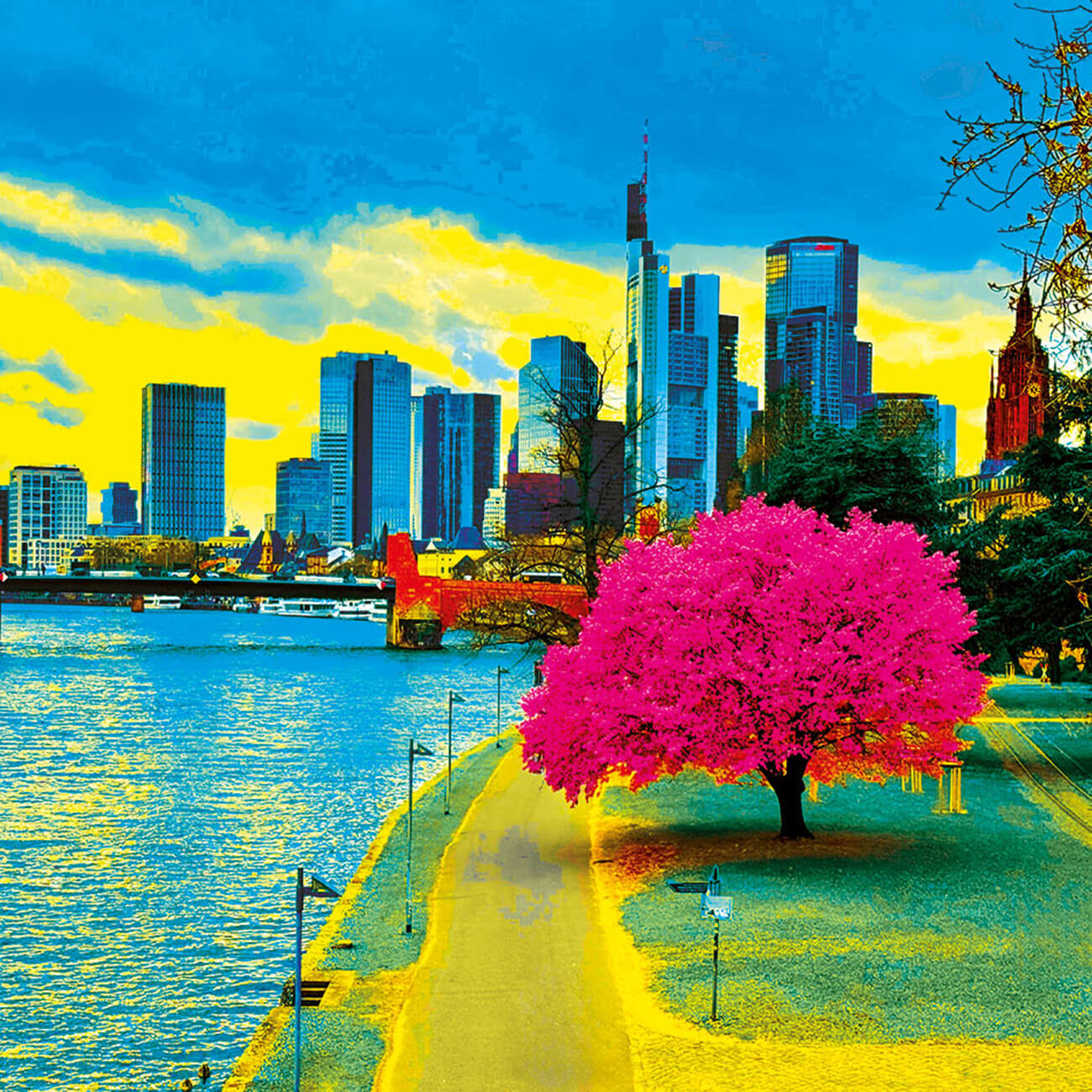 Frankfurt Popart Bild mit Blick auf Mainhattan. Rechts unten befindet sich ein knallig in pink gefärbter Baum auf türkiser Wiese mit gelben Wegen. Die Frankfurter Hochhäuser sind in blau gefärbt vor einem gelb-blauen Himmel.