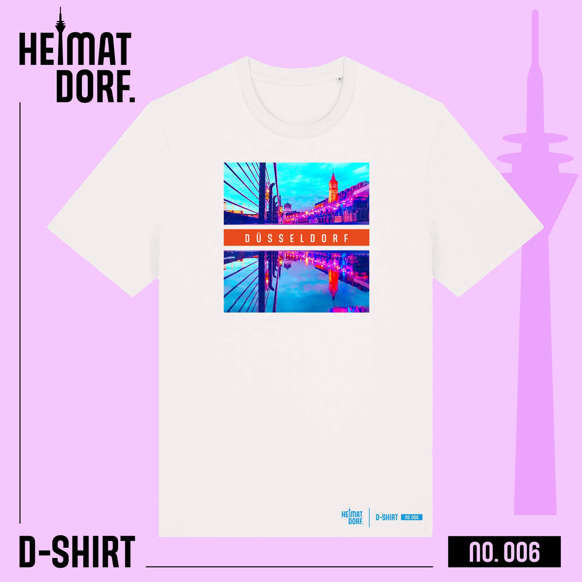 Weißes Düsseldorf T-Shirt mit Popartaufdruck von der Rheinuferpromenade mit Pegeluhr und Schlossturm in einem Farbmix aus Blau, Türkis, Pink und Orange